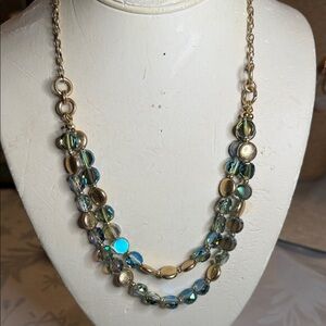 Gold-Tone Double Strand Necklace with Iridescent Blue-Green Beads
